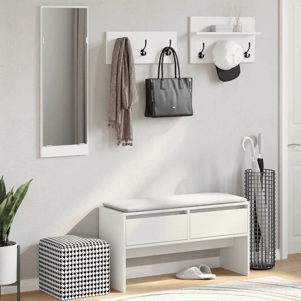 4 Piece Hallway Furniture Set Engineered Wood Storage Bench Mirror Coat Racks White