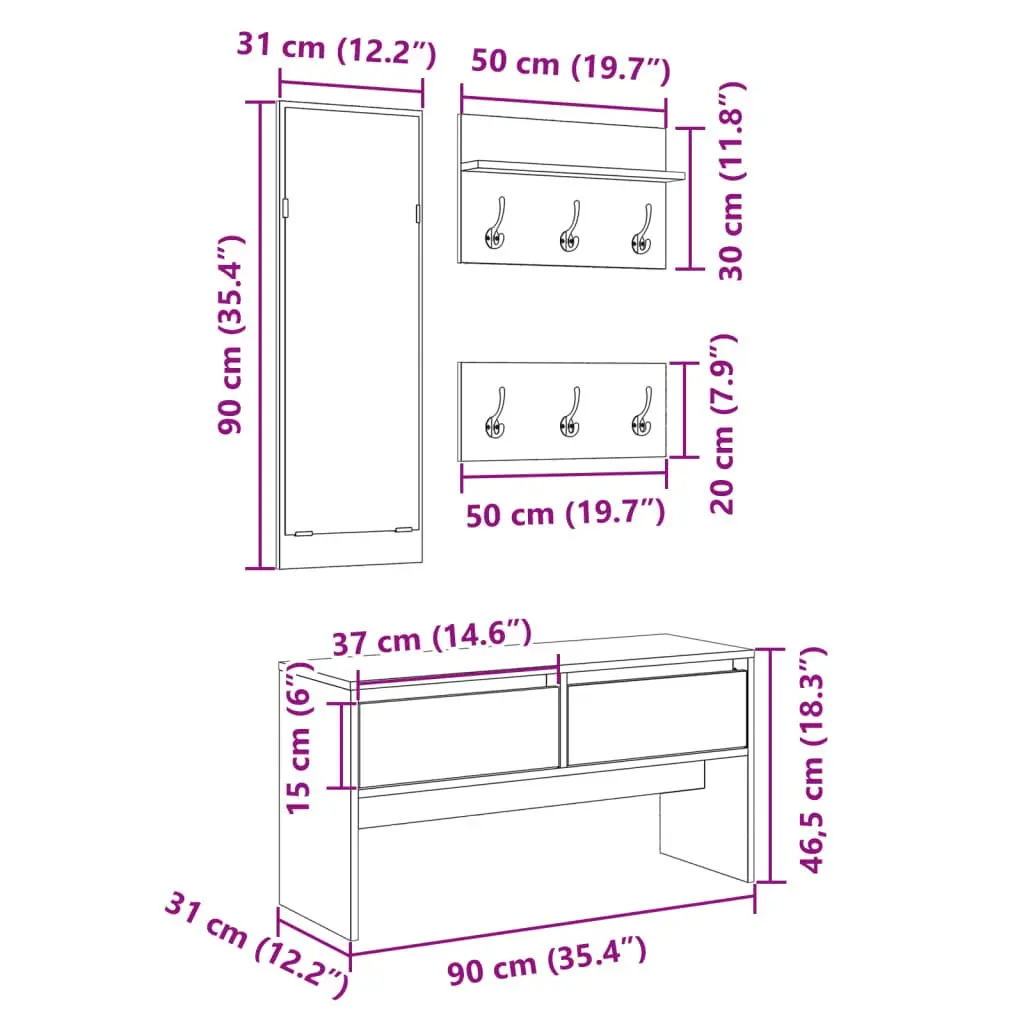 4 Piece Hallway Furniture Set Engineered Wood Storage Bench Mirror Coat Racks White