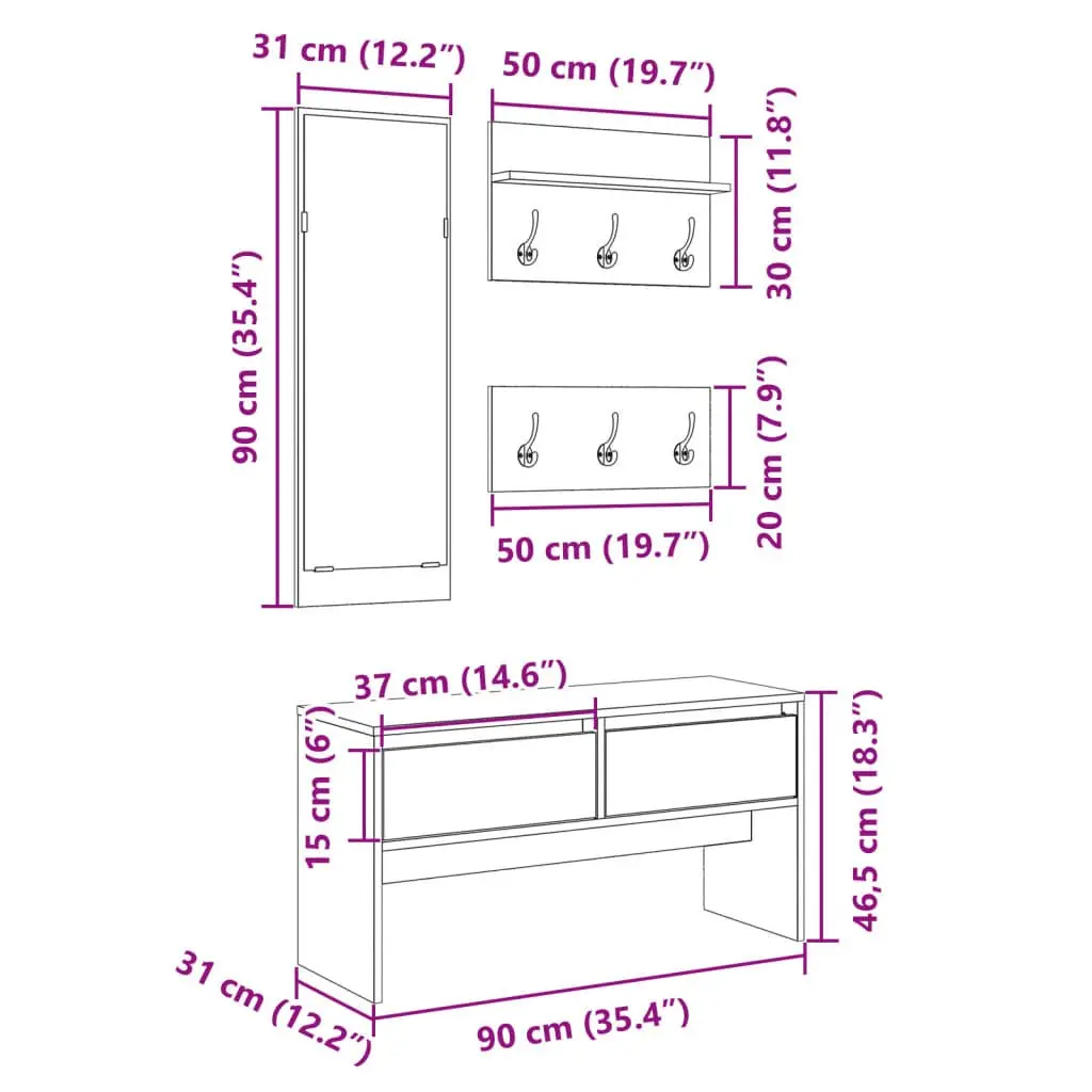 Hallway Furniture Set Storage Bench Shoe Cabinet Mirror Coat Hooks Entryway
