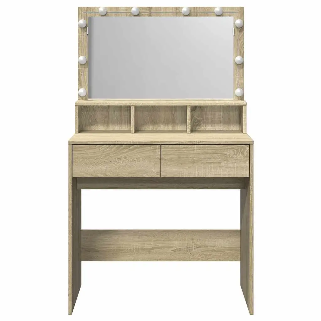 Dressing Table Brown Engineered Wood 80x41x134.5cm with LED Mirror and Storage Compartments for Bedroom Vanity Makeup Desk