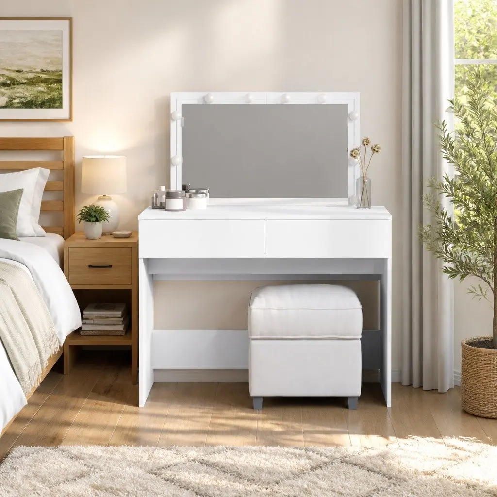 Dressing Table Engineered Wood 100W x 40D x 120H cm White with LED Mirror 2 Drawers for Bedroom Storage