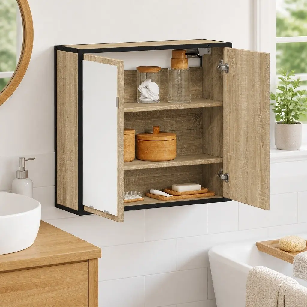 Bathroom Mirror Cabinet Wall-Mounted Storage Vanity Unit Brown Engineered Wood