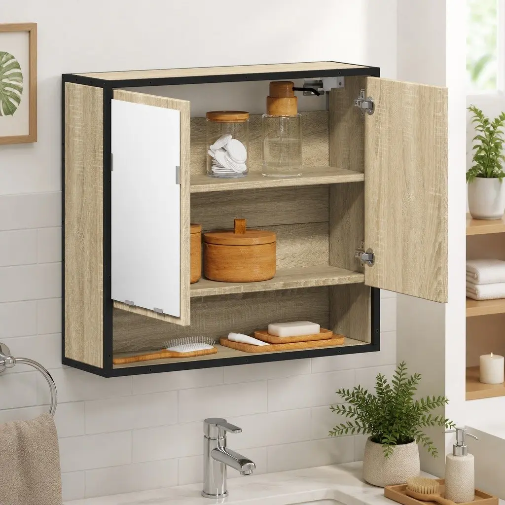 Bathroom Mirror Cabinet Engineered Wood Wall-Mounted 65W x 20D x 60H cm Brown
