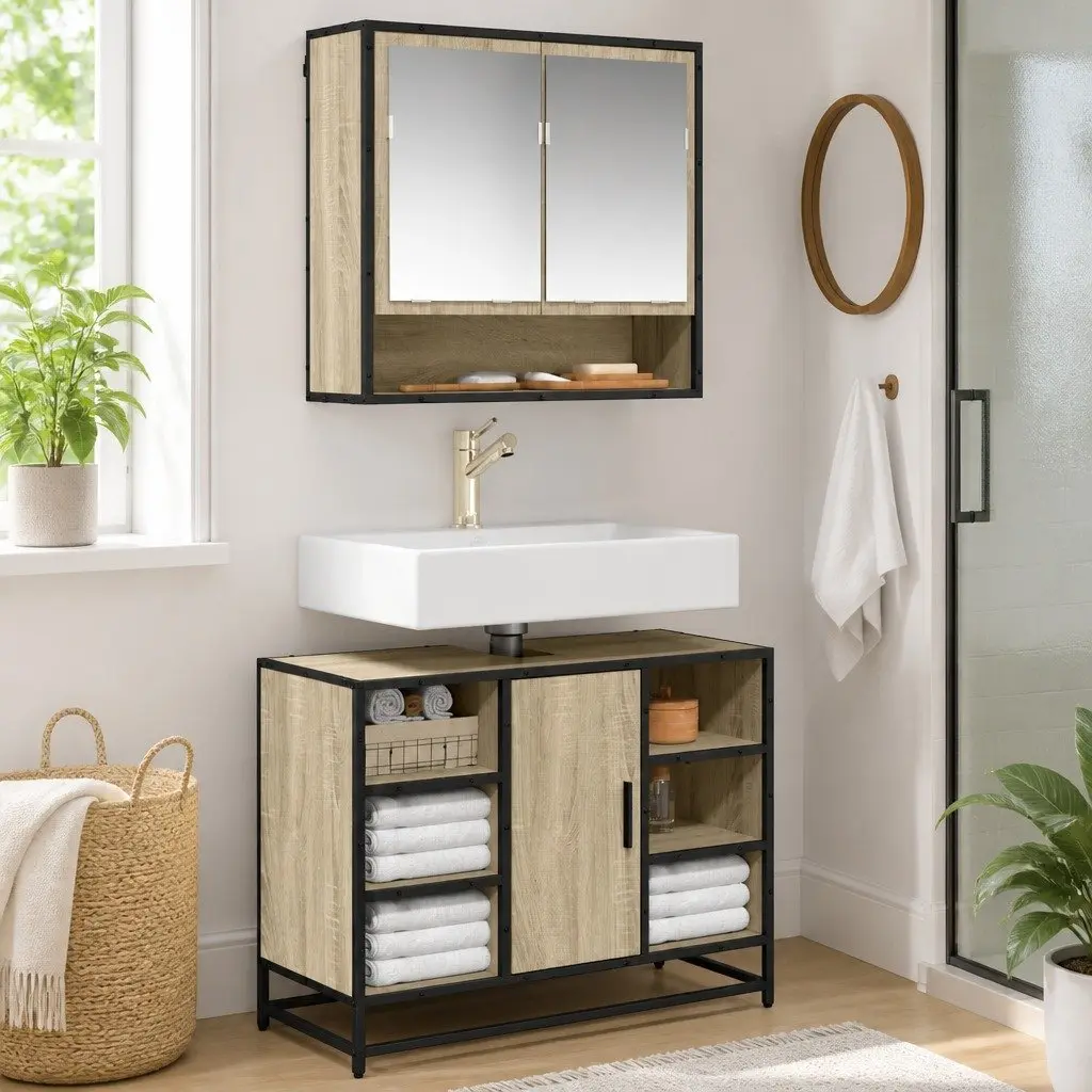 Sink Cabinet Engineered Wood Brown 80x33x60cm Sonoma Oak Storage with Metal Frame
