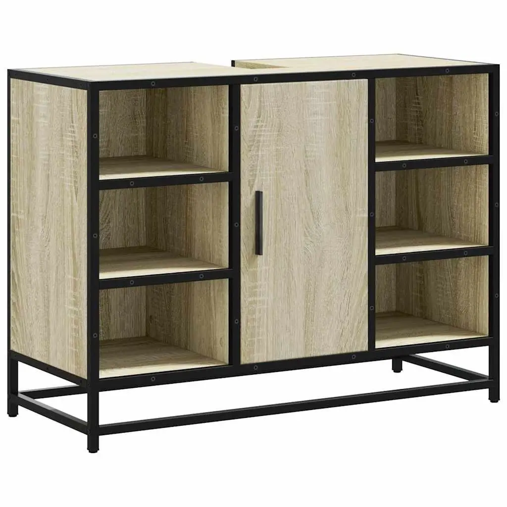 Sink Cabinet Engineered Wood Brown 80x33x60cm Sonoma Oak Storage with Metal Frame