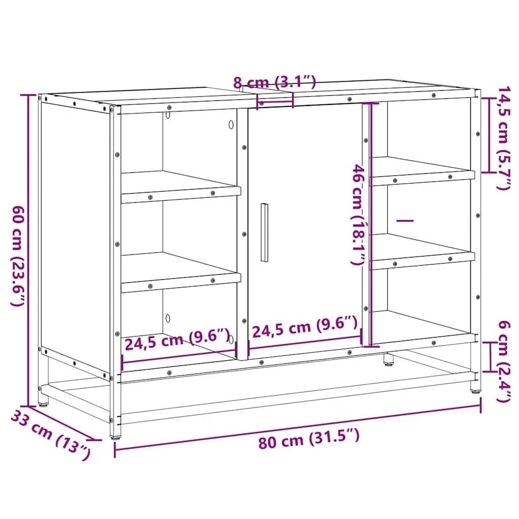 Sink Cabinet Engineered Wood Brown 80x33x60cm Sonoma Oak Storage with Metal Frame