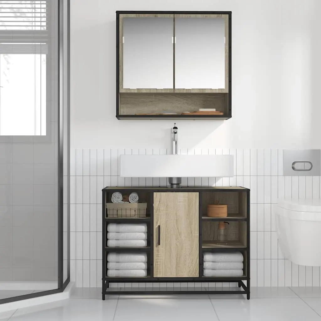 Sink Cabinet Engineered Wood Brown 80x33x60cm Sonoma Oak Storage with Metal Frame