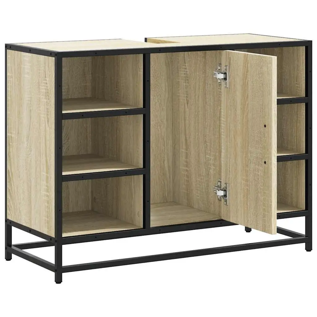 Sink Cabinet Engineered Wood Brown 80x33x60cm Sonoma Oak Storage with Metal Frame