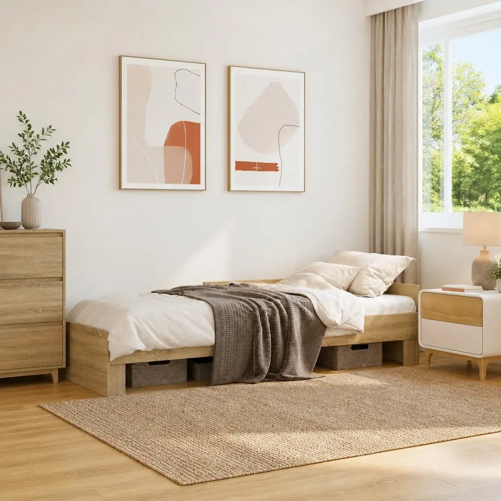 Bed Frame Engineered Wood 90x190 cm Brown Sonoma Oak Slatted Base Side Rails
