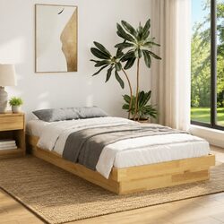Solid Oak Wood Bed Frame 90x190 cm Low Floor Slatted Base Bedroom Furniture