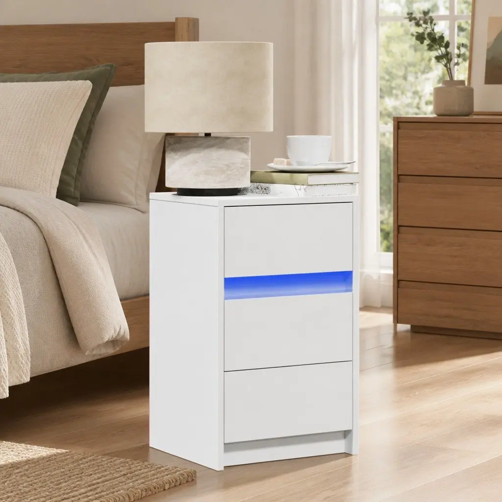 RGB LED Bedside Table Engineered Wood White Storage for Bedroom
