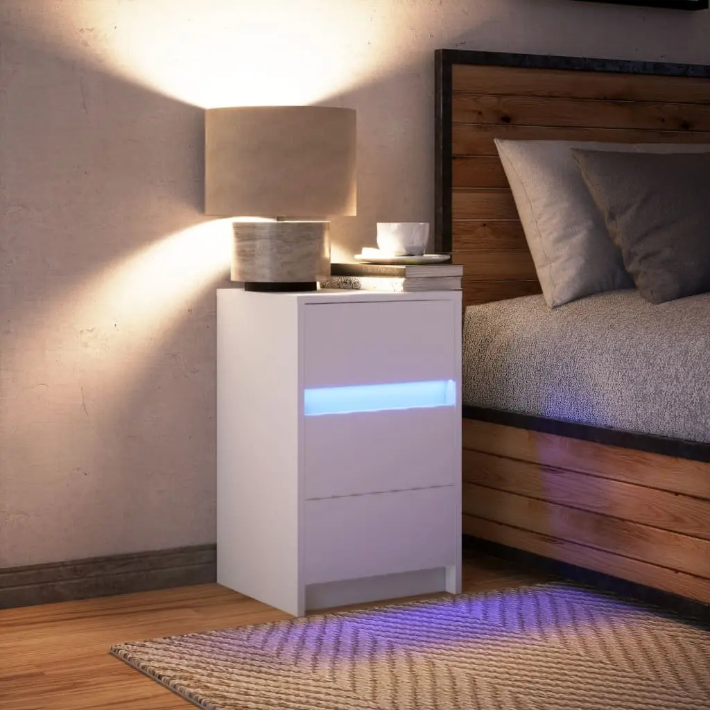 RGB LED Bedside Table Engineered Wood White Storage for Bedroom