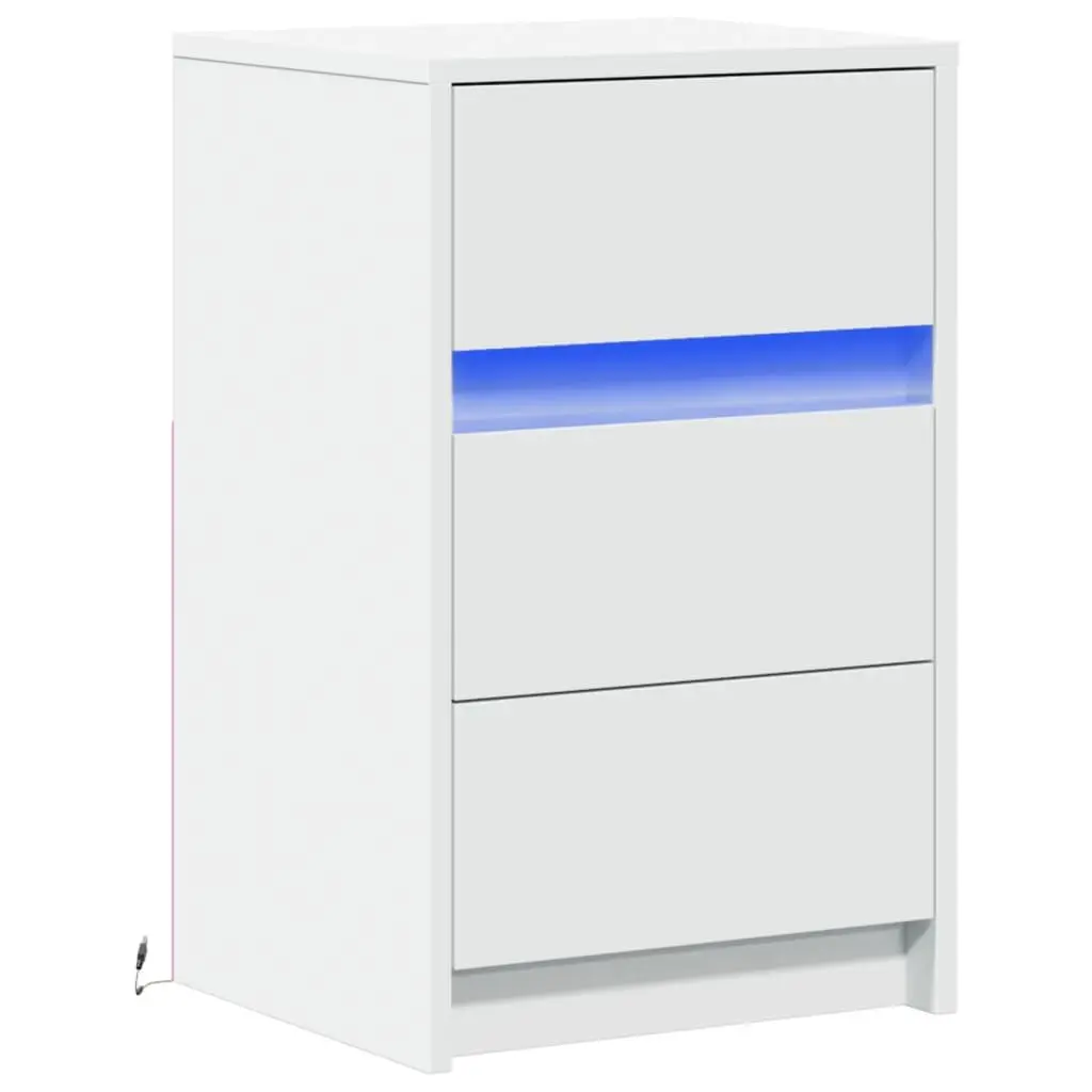RGB LED Bedside Table Engineered Wood White Storage for Bedroom