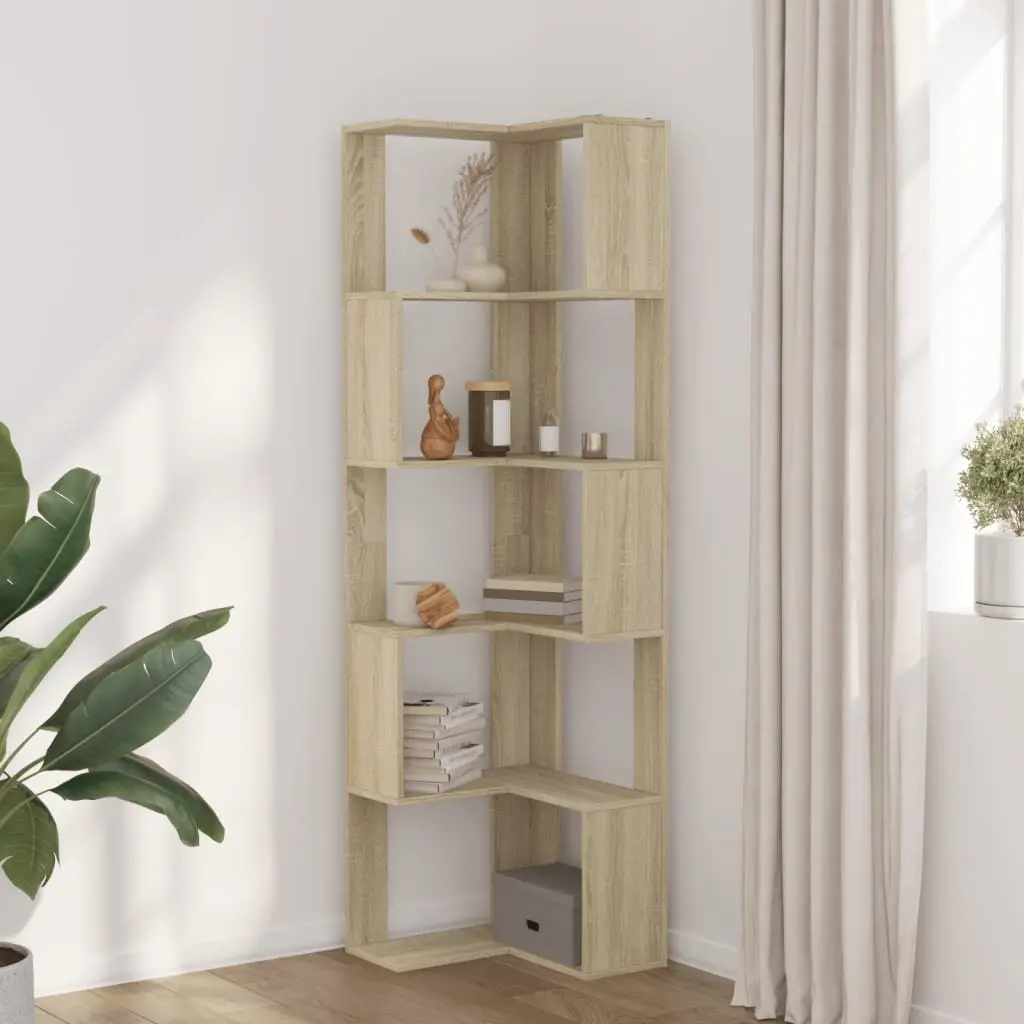 5TierCornerBookshelfEngineeredWoodBrownSonomaOakCompactStorageDisplayUnit