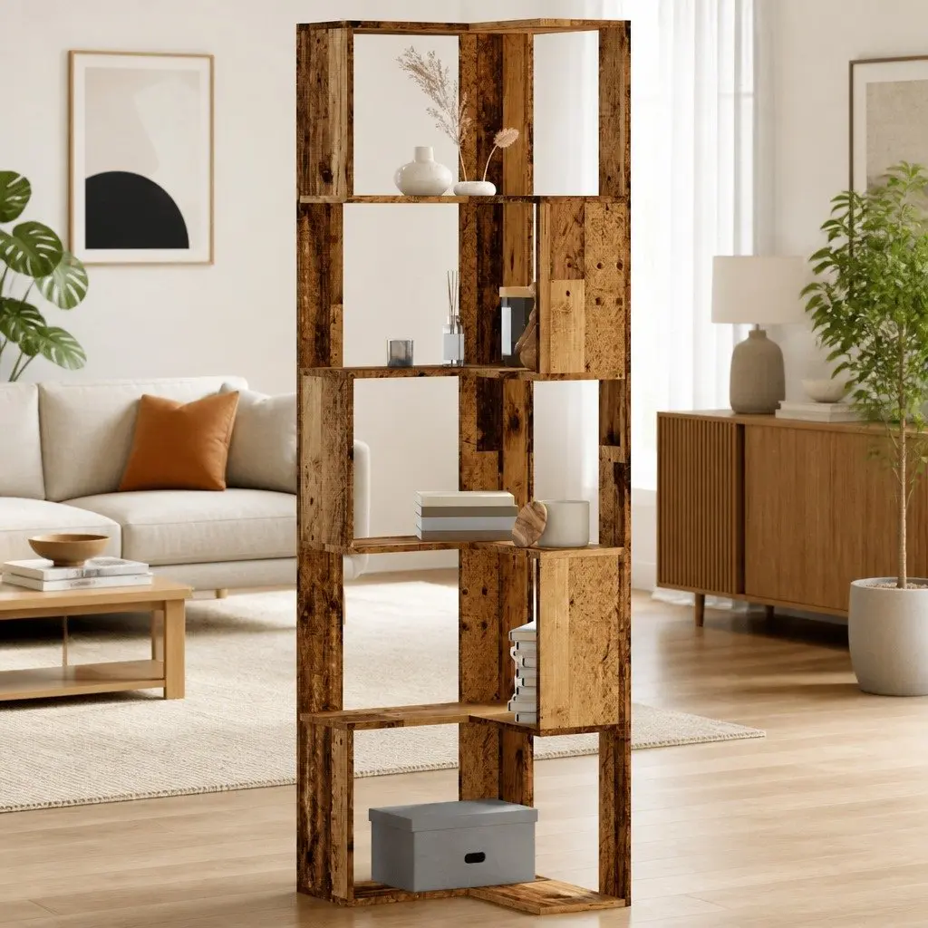Corner Bookcase Engineered Wood 50x50x179cm Brown 5-Tier Standing Shelf Storage Display Unit