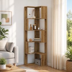Corner Bookcase 5-Tier Brown Engineered Wood Shelving Unit 50x50x179cm