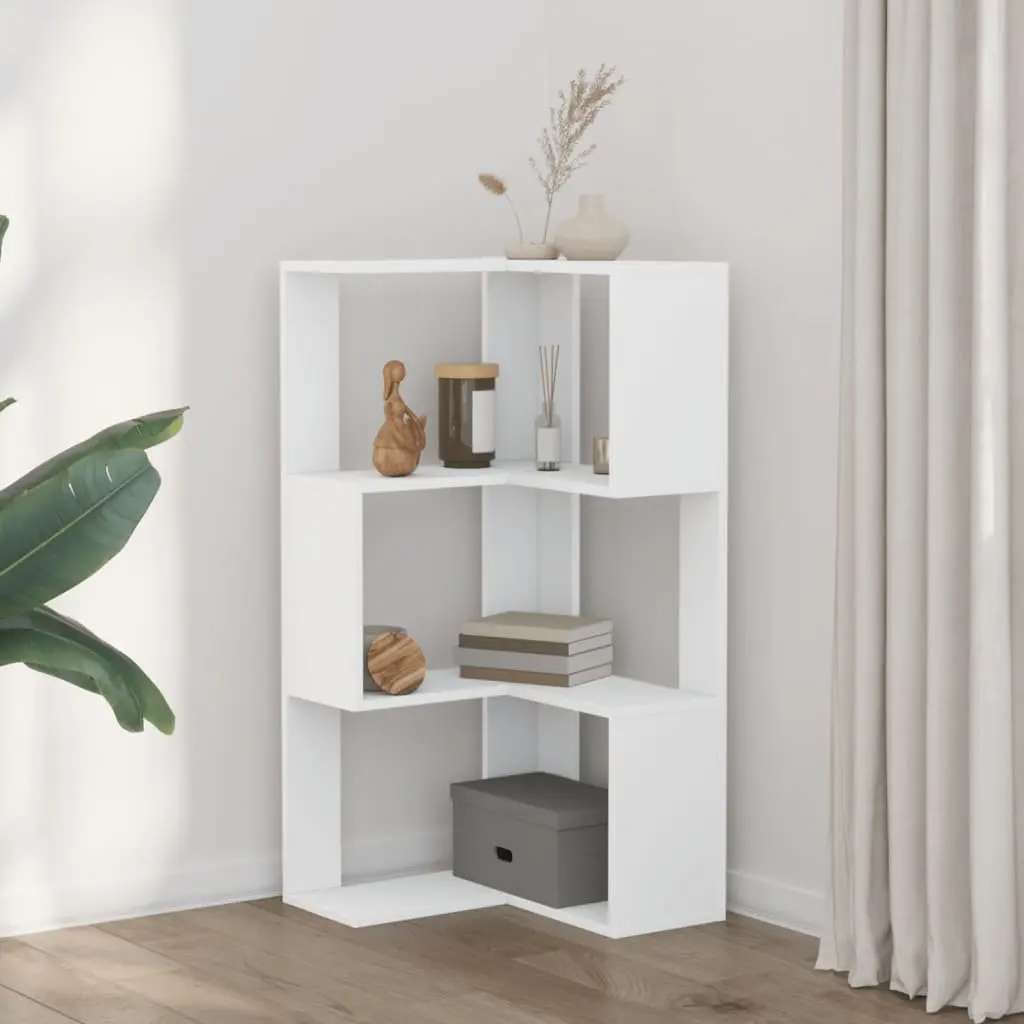 3 Tier Corner Shelf White Engineered Wood Storage Unit Display Bookcase