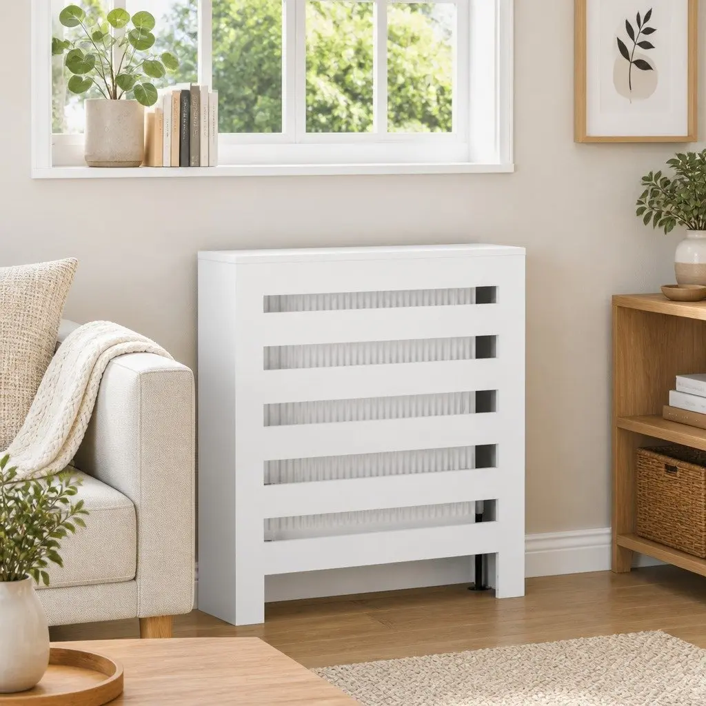 Radiator Cover White 78 x 20 x 82 cm Slatted Cabinet Heater Shelf Living Room