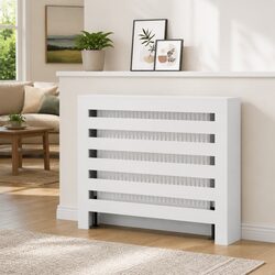 Radiator Cover White Engineered Wood Cabinet Modern Slatted Design Shelf
