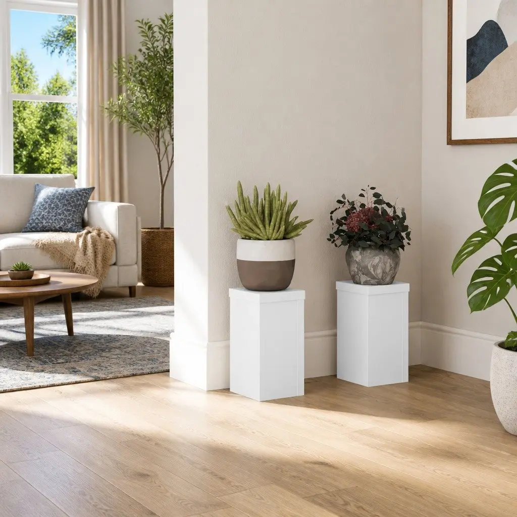 Plant Stands Engineered Wood White 10cm x 10cm x 18cm Modern Minimalist 2 Piece Set