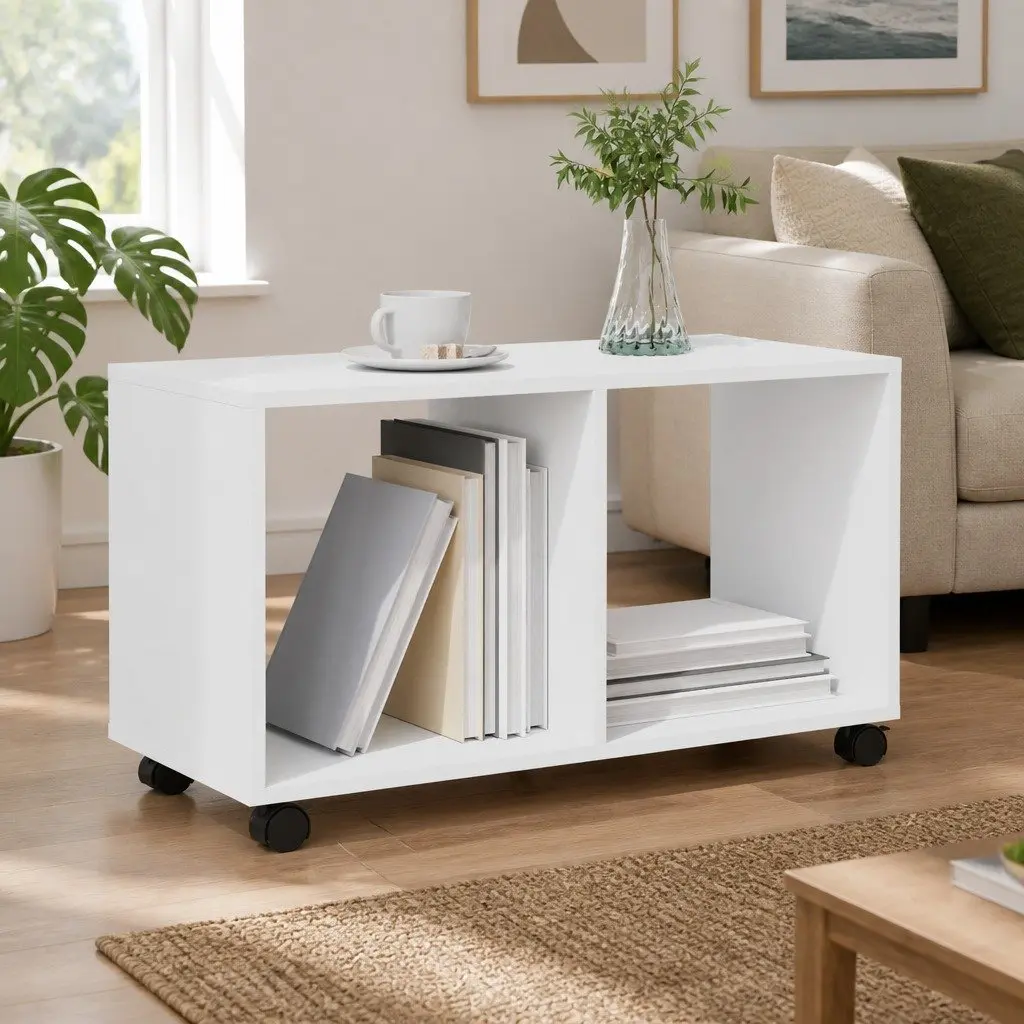 Rolling Cabinet White Engineered Wood Open Storage Unit 72x33x42.5cm with Swivel Wheels for Office Living Room Kitchen Bedroom