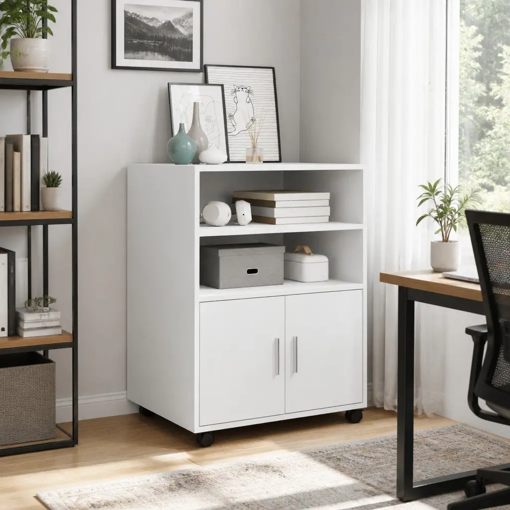 Rolling Cabinet Mobile Organizer White Engineered Wood with Shelves and Doors 60x48x81cm
