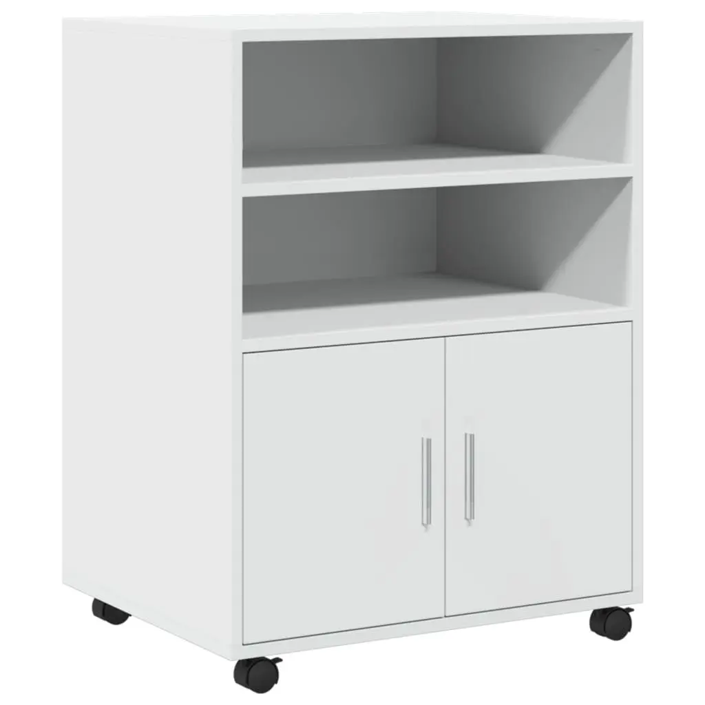 Rolling Cabinet Mobile Organizer White Engineered Wood with Shelves and Doors 60x48x81cm