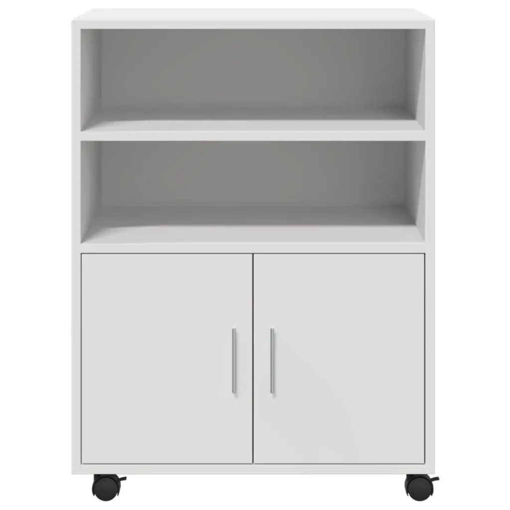 Rolling Cabinet Mobile Organizer White Engineered Wood with Shelves and Doors 60x48x81cm