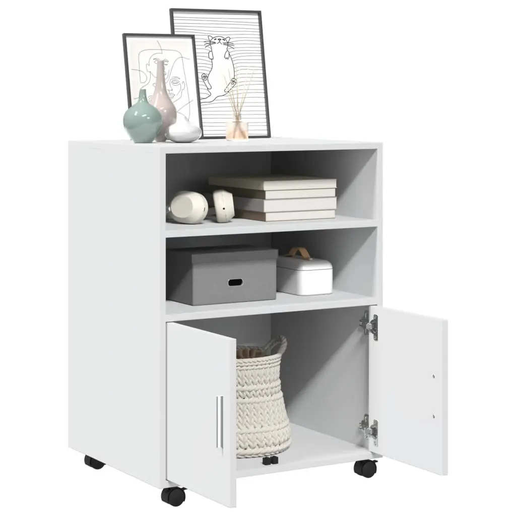 Rolling Cabinet Mobile Organizer White Engineered Wood with Shelves and Doors 60x48x81cm