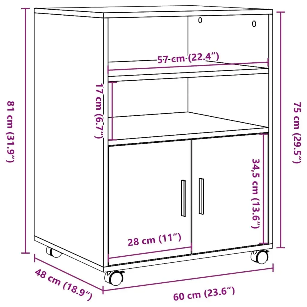Rolling Cabinet with Shelves & Doors Brown Storage Furniture 60x48x81cm