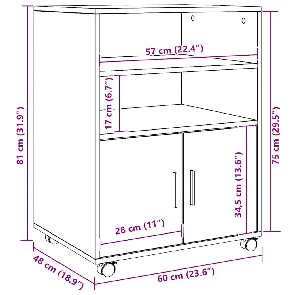 Rolling Cabinet with Shelves and Doors Brown Storage Furniture 60x48x81cm