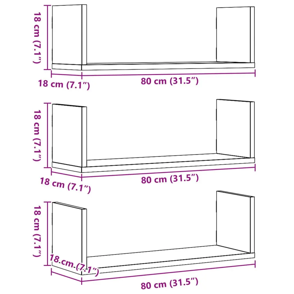 Floating Wall Shelves 3 Pieces Engineered Wood White 80x18x18cm Storage Display