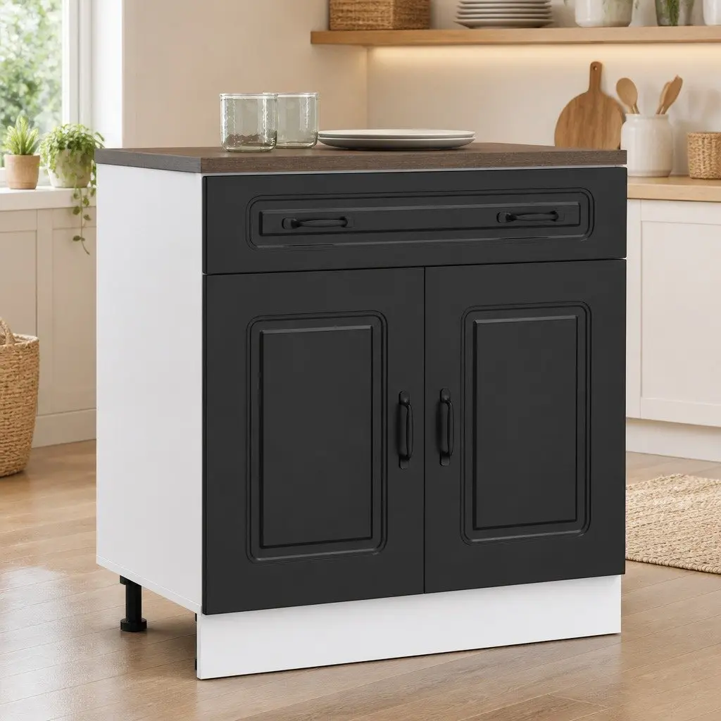 Black Kitchen Cabinet Engineered Wood Base Cupboard with Adjustable Feet for Organizing Kitchen Storage