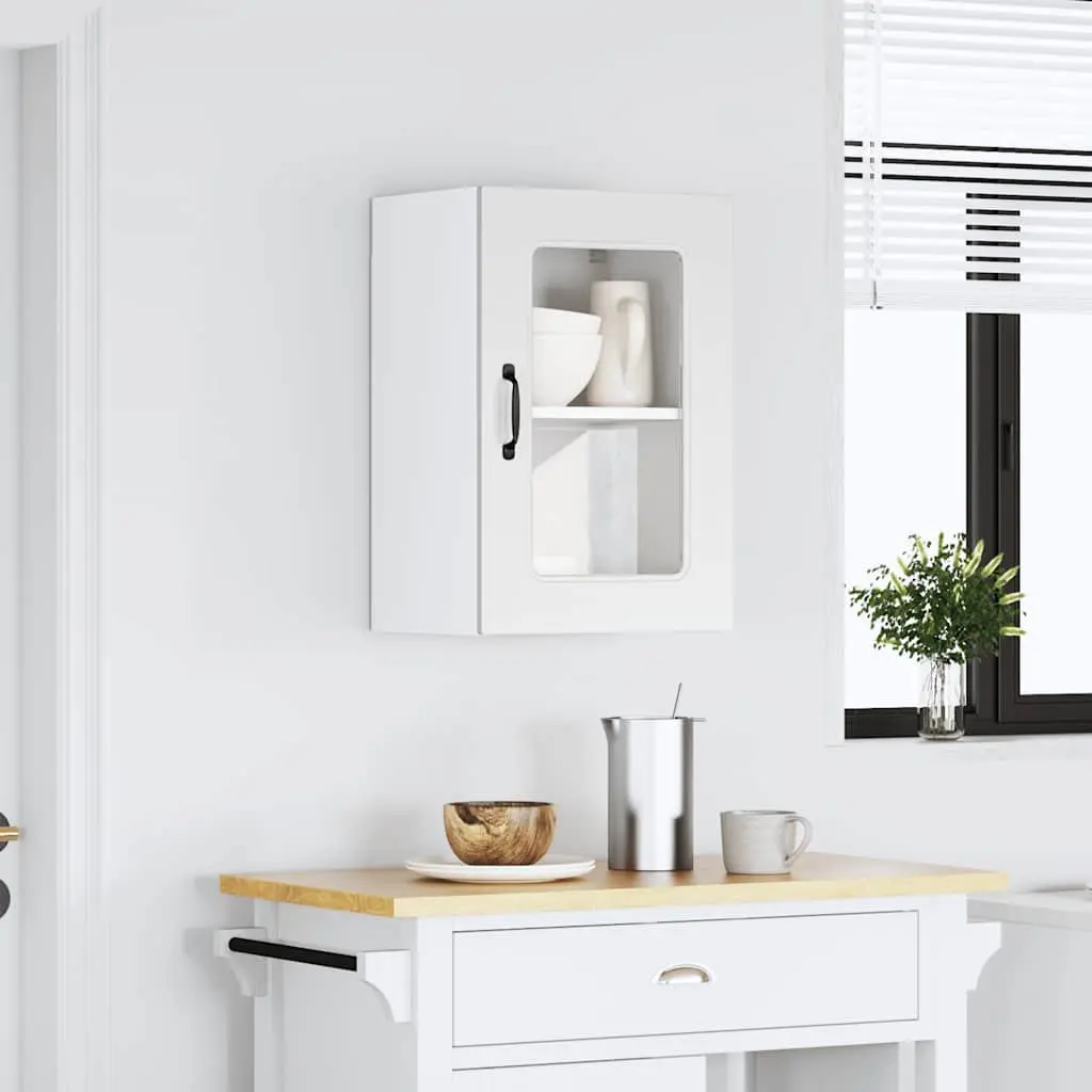 Kitchen Wall Cabinet Engineered Wood White Glass Door Storage Organizer