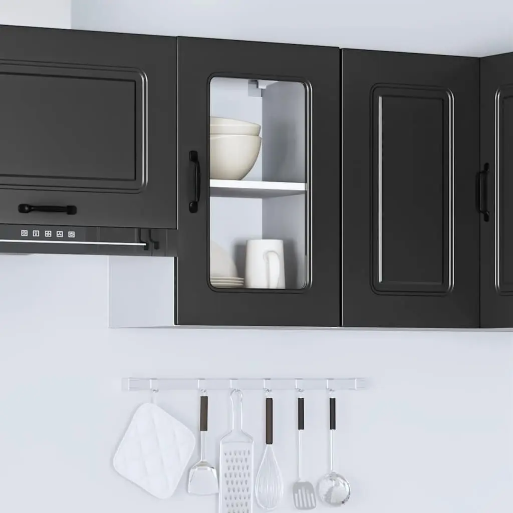 Kitchen Wall Cabinet Engineered Wood Glass Door Black