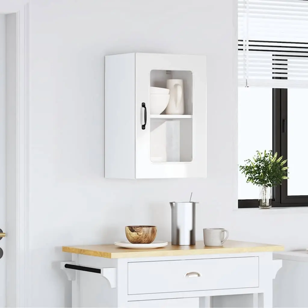 Wall Mounted Cabinet Engineered Wood Glass Door High Gloss White Storage