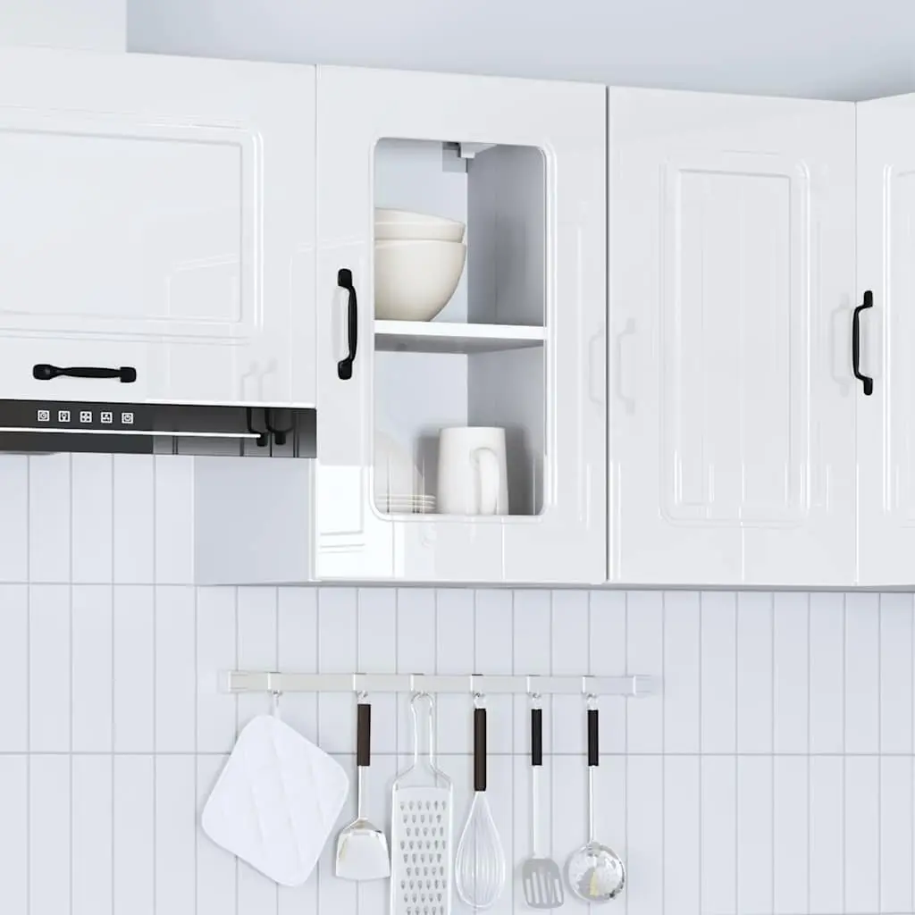 Wall Mounted Cabinet Engineered Wood Glass Door High Gloss White Storage