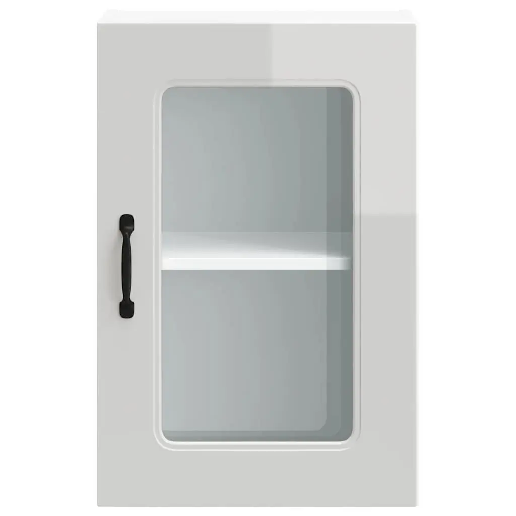 Wall Mounted Cabinet Engineered Wood Glass Door High Gloss White Storage
