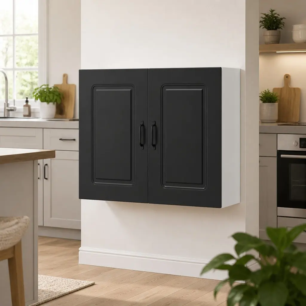 Black Engineered Wood Wall Cabinet with Door for Kitchen Storage Organizer