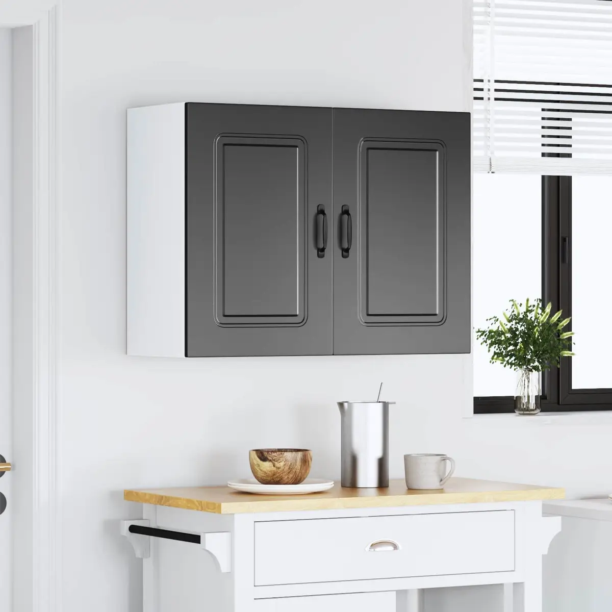 Black Engineered Wood Wall Cabinet with Door for Kitchen Storage Organizer