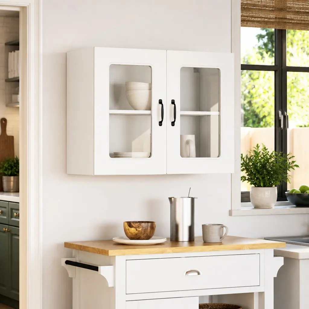 Kitchen Cabinet Engineered Wood Wall-Mounted Glass Door White Storage