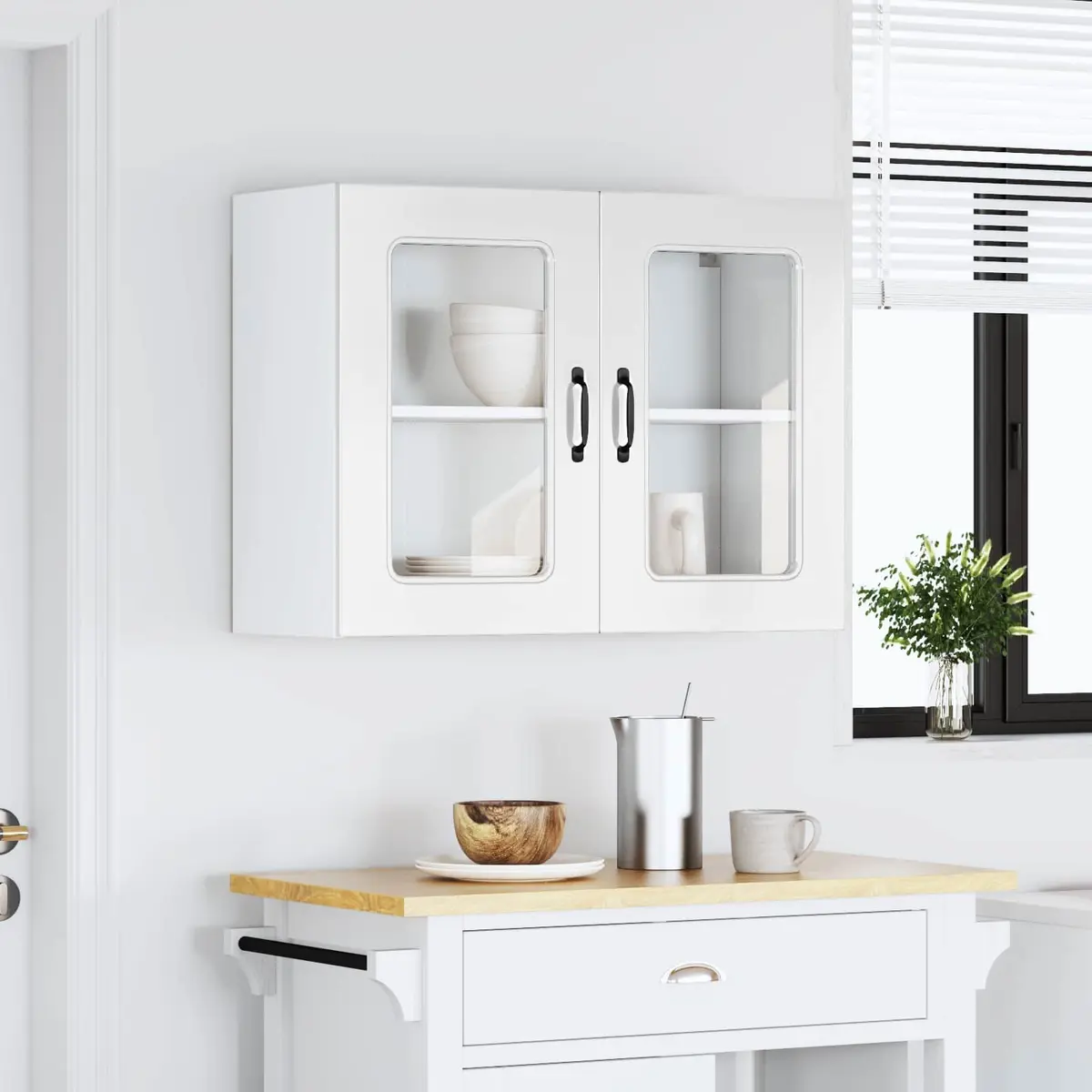 Kitchen Wall Cabinet Glass Door White High Gloss Engineered Wood Storage Unit