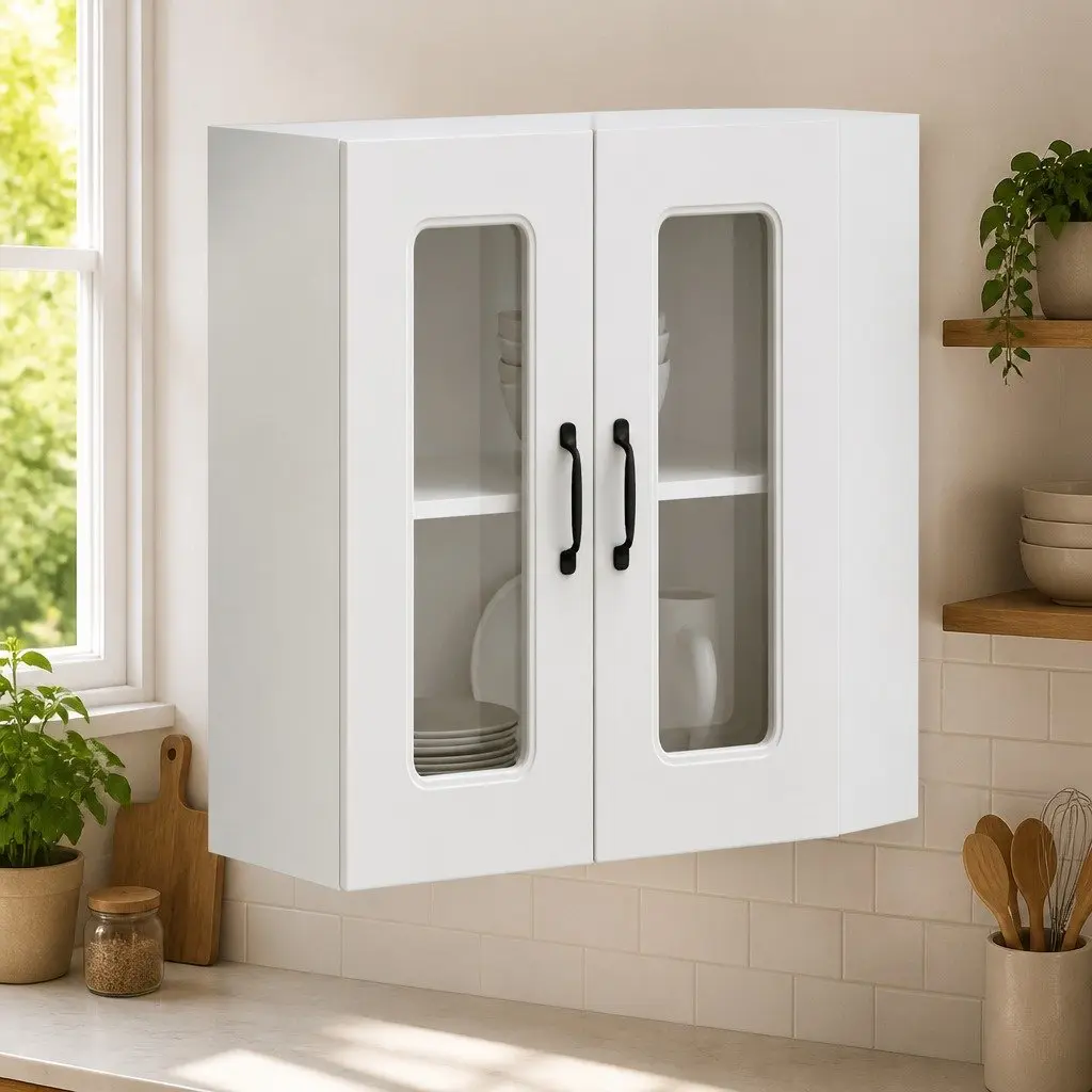 Kitchen Cabinet Engineered Wood Wall-Mounted Storage Unit White Glass Door