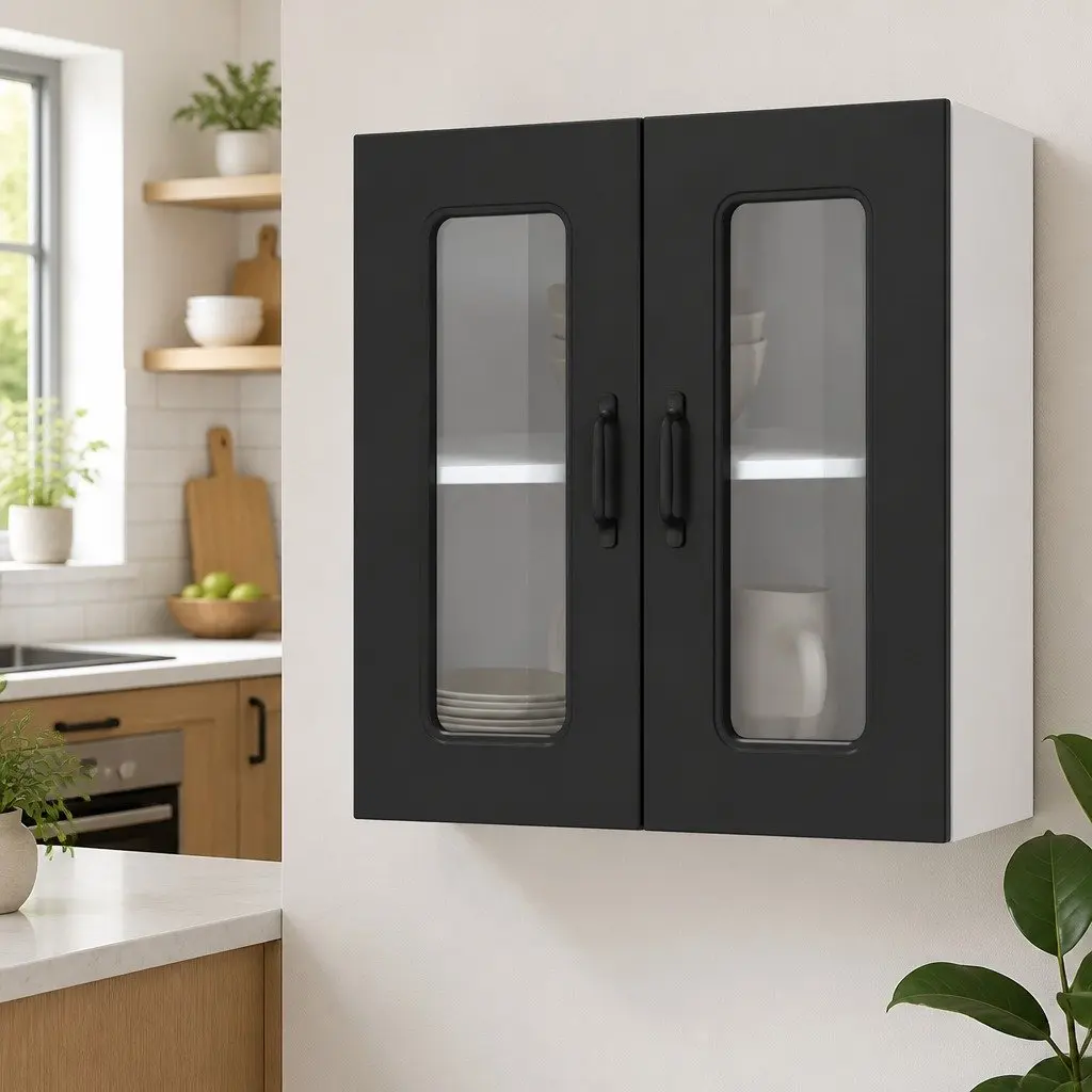 Wall-Mounted Kitchen Cabinet Black Engineered Wood Storage Unit with Glass Door