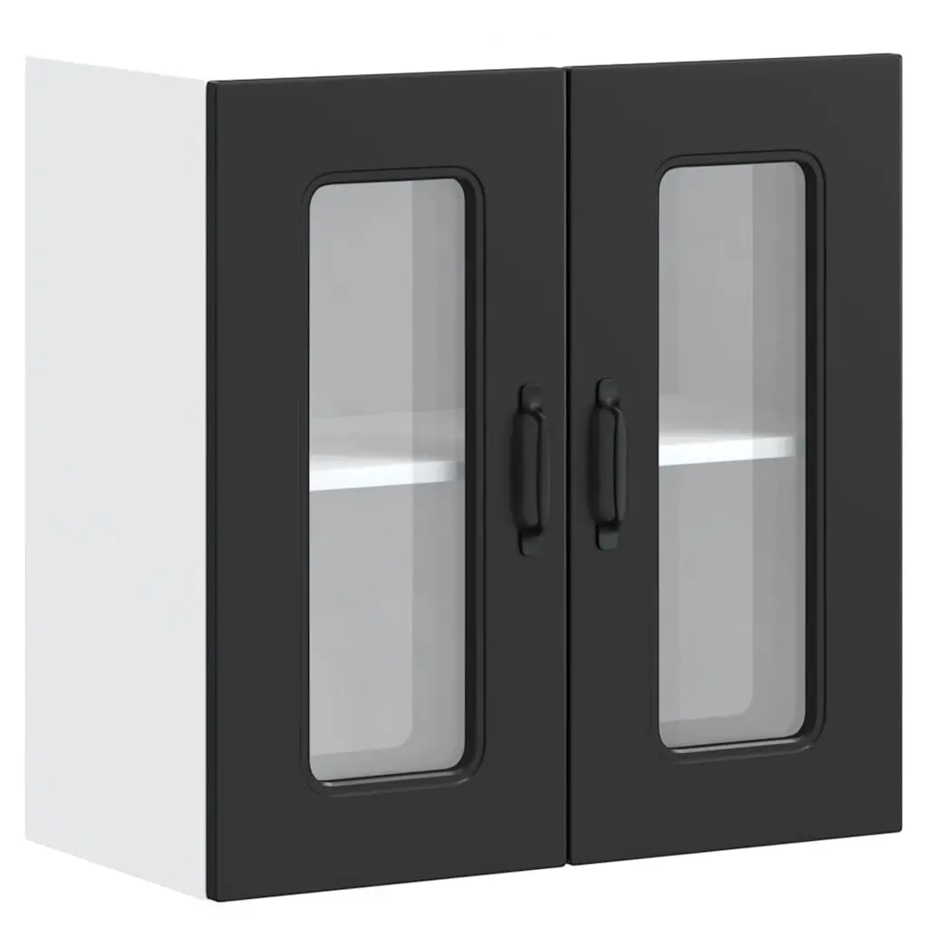 Wall-Mounted Kitchen Cabinet Black Engineered Wood Storage Unit with Glass Door