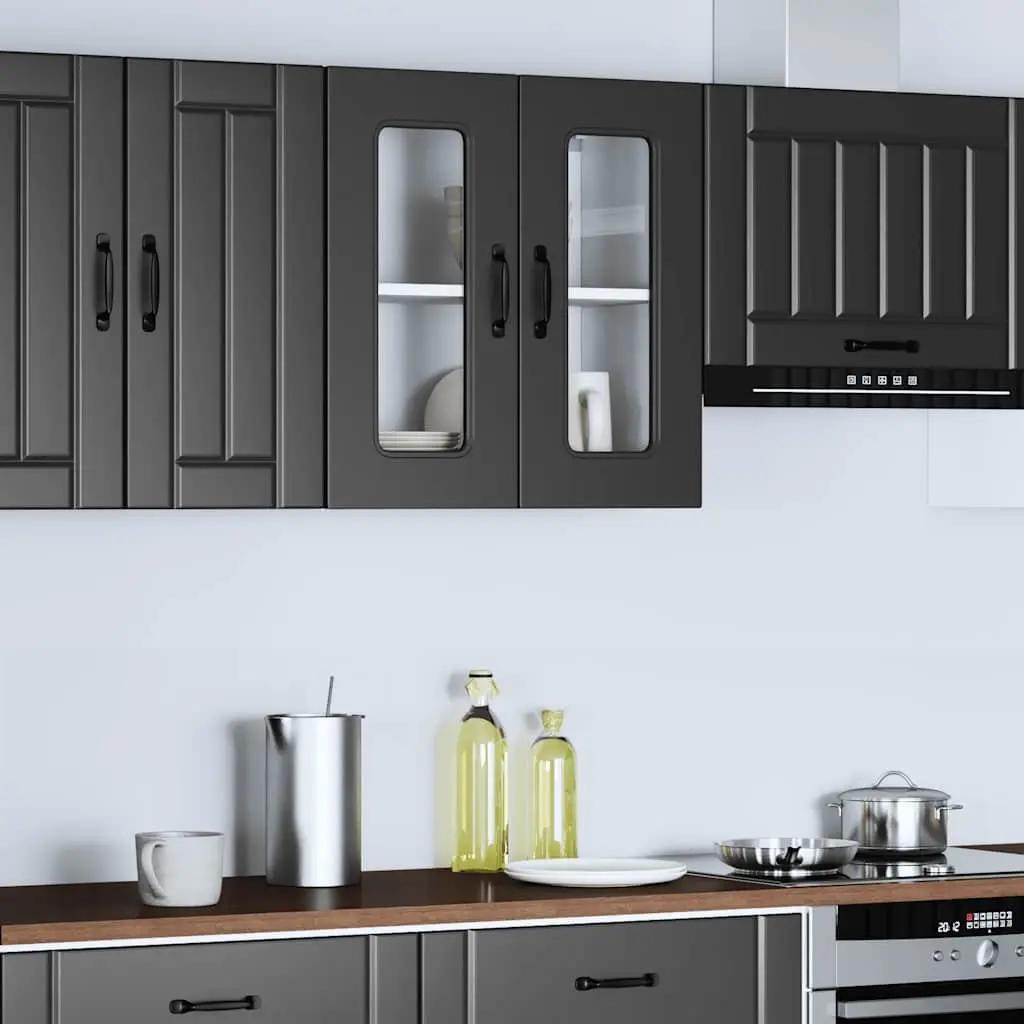 Wall-Mounted Kitchen Cabinet Black Engineered Wood Storage Unit with Glass Door