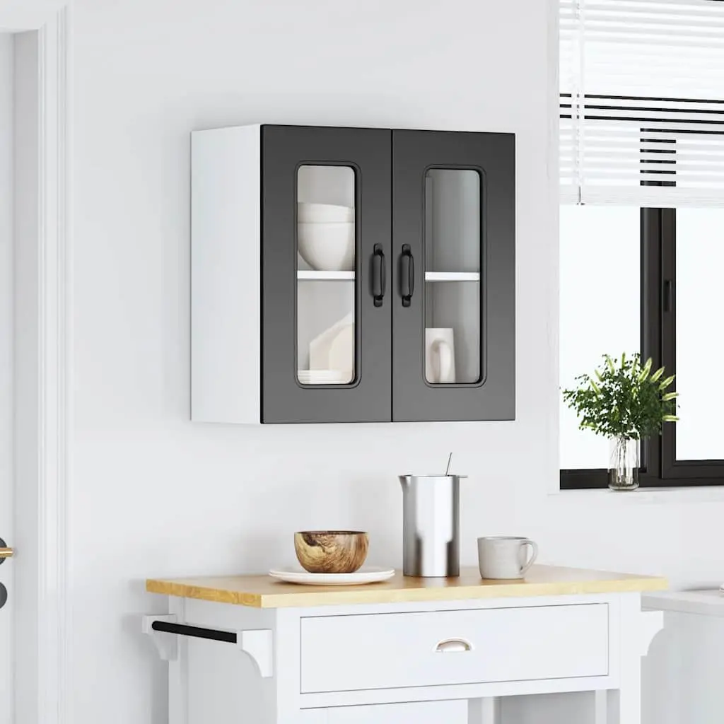 Wall-Mounted Kitchen Cabinet Black Engineered Wood Storage Unit with Glass Door