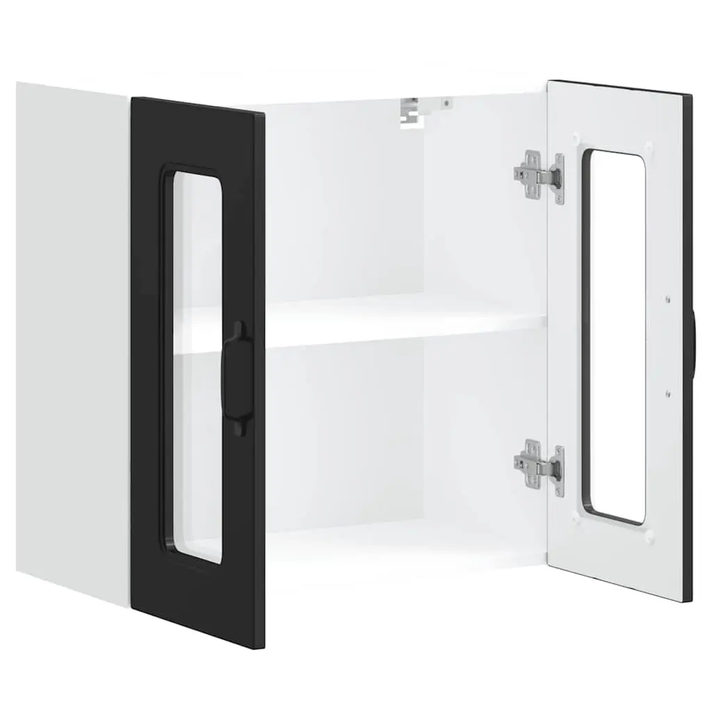 Wall-Mounted Kitchen Cabinet Black Engineered Wood Storage Unit with Glass Door