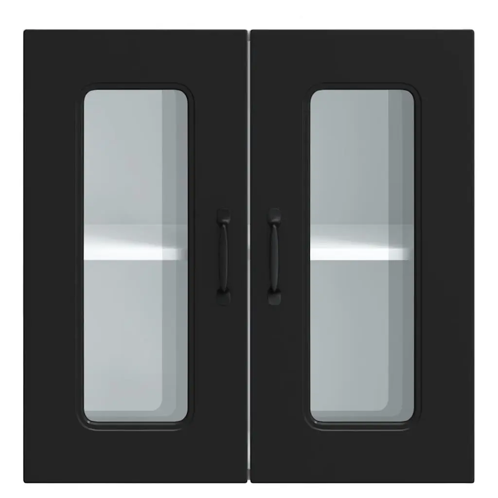 Wall-Mounted Kitchen Cabinet Black Engineered Wood Storage Unit with Glass Door