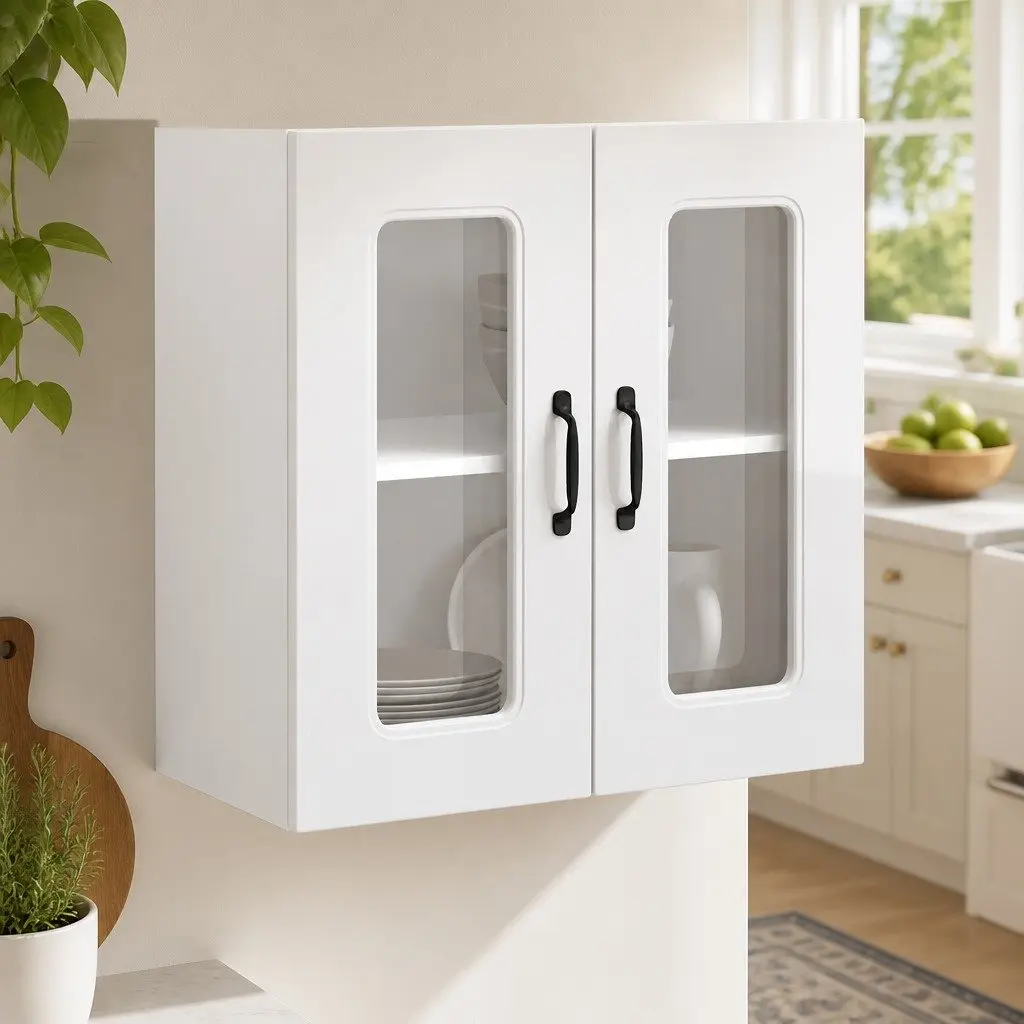 Kitchen Wall Cabinet Engineered Wood White Glass Door Storage Unit